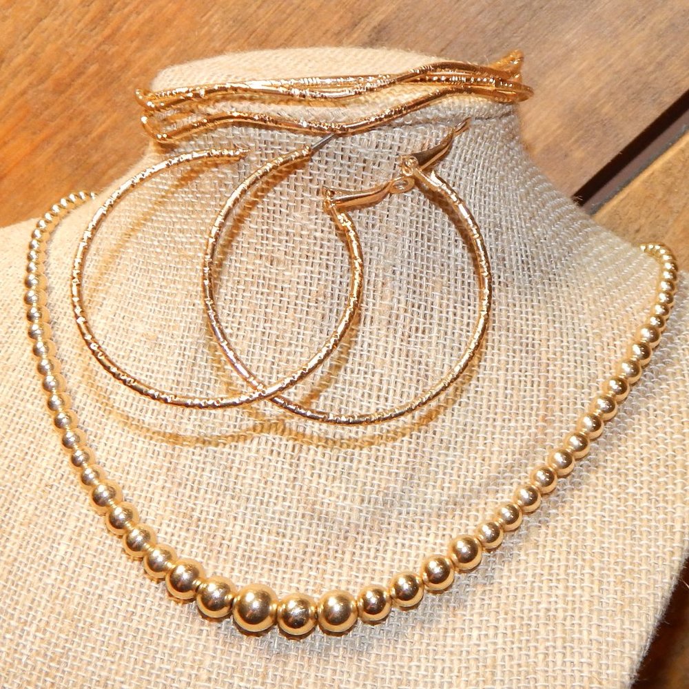 Vintage Classic Graduating Plastic Gold Bead Necklace  w/Wavy Bangles & …